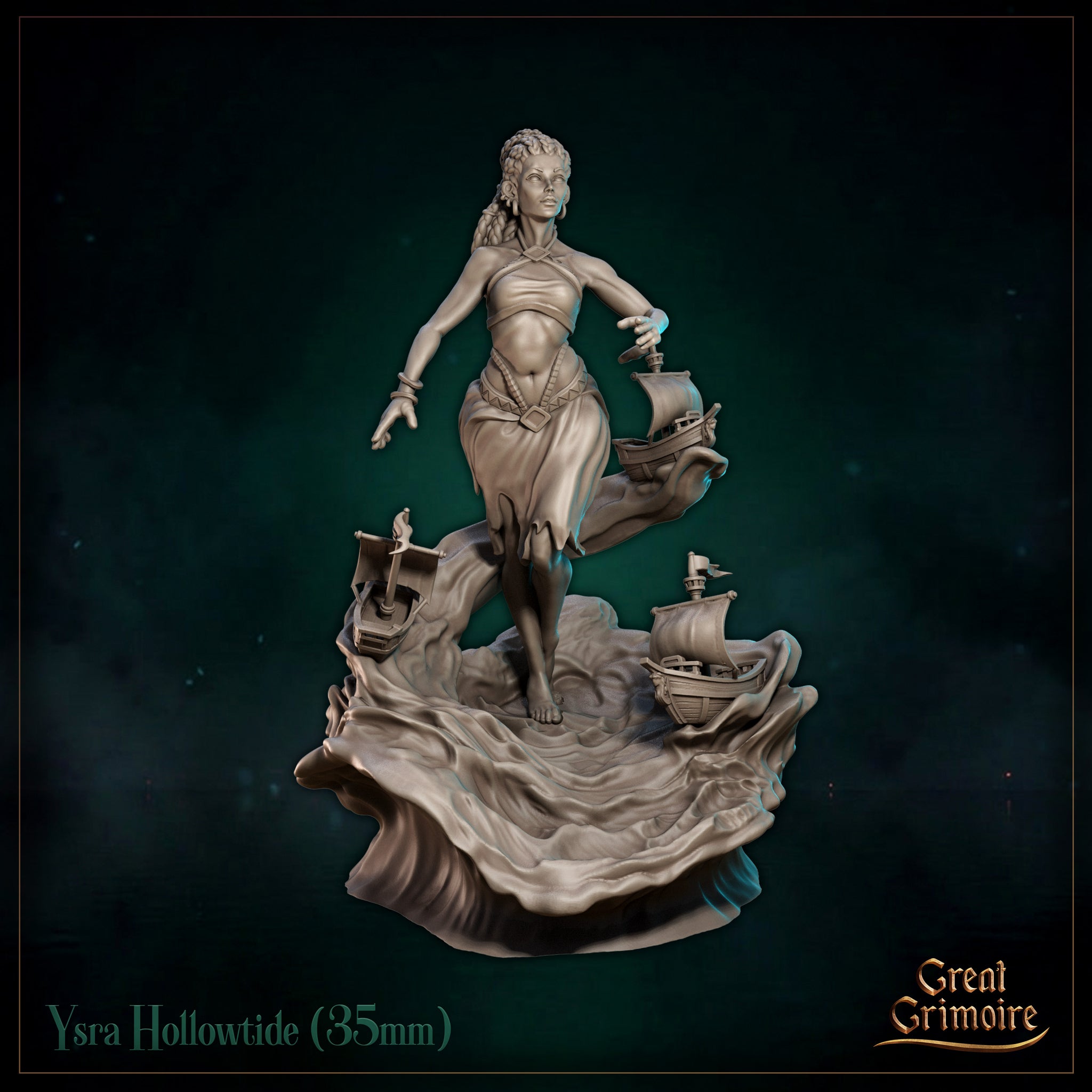 Tall female figure striding across a sculpted crashing wave base, holding a miniature sailing ship in one outstretched hand. Two more small ships surround her feet. She wears a flowing skirt that blends into the waves, with braided hair, layered necklaces, and wrist cuffs. Calm upward expression. Sculpt by Great Grimoire.