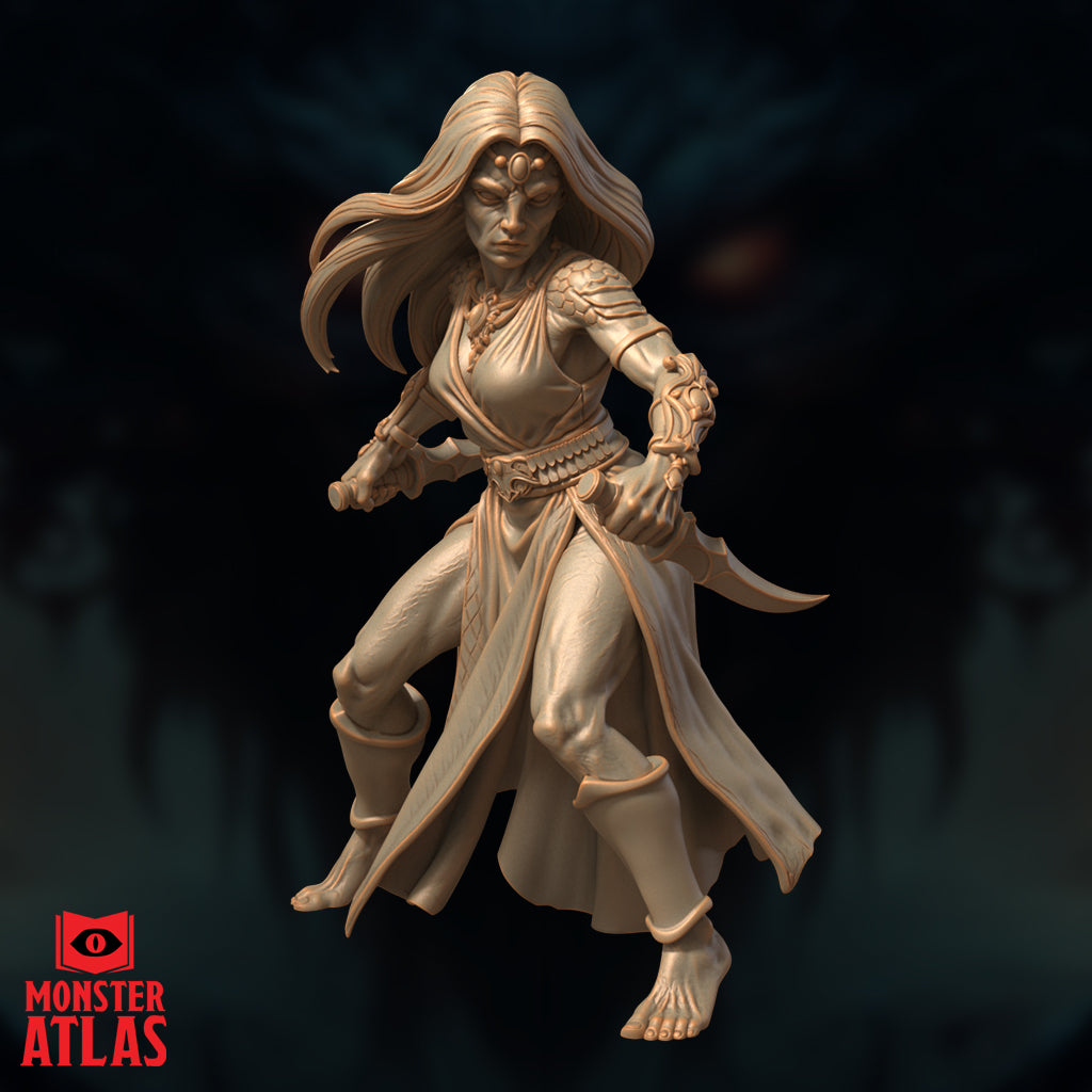 Yuan-Ti Pureblood female miniature in a forward lunging pose, holding a curved dagger in her right hand and a second blade in her left, wearing flowing robes with a serpent-scale pauldron and ornate gauntlets, with a jewelled third eye on her forehead — unpainted cream resin render by Monster Atlas