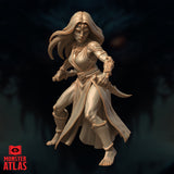 Yuan-Ti Pureblood female miniature in a forward lunging pose, holding a curved dagger in her right hand and a second blade in her left, wearing flowing robes with a serpent-scale pauldron and ornate gauntlets, with a jewelled third eye on her forehead — unpainted cream resin render by Monster Atlas