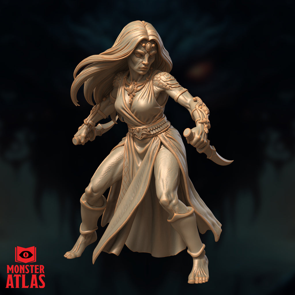 Front-facing view of a Yuan-Ti Pureblood female miniature, both daggers raised in a combat-ready stance, long hair swept to one side, scale-armoured shoulder guard and carved gauntlets visible — unpainted cream resin render by Monster Atlas