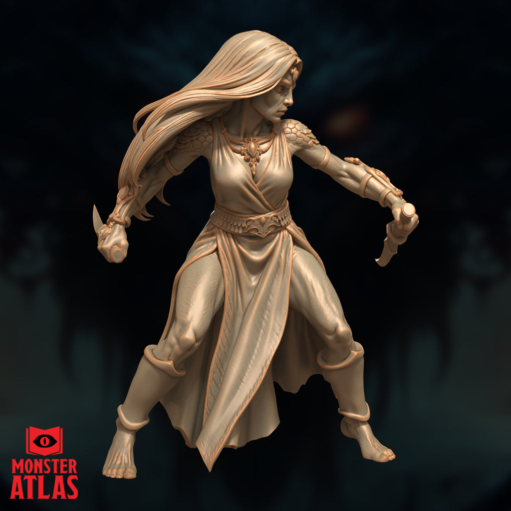Three-quarter rear view of a Yuan-Ti Pureblood female miniature mid-pivot, one dagger extended forward and the other arm coiling back, robes billowing behind her, bare feet and scale-detail belt visible — unpainted cream resin render by Monster Atlas