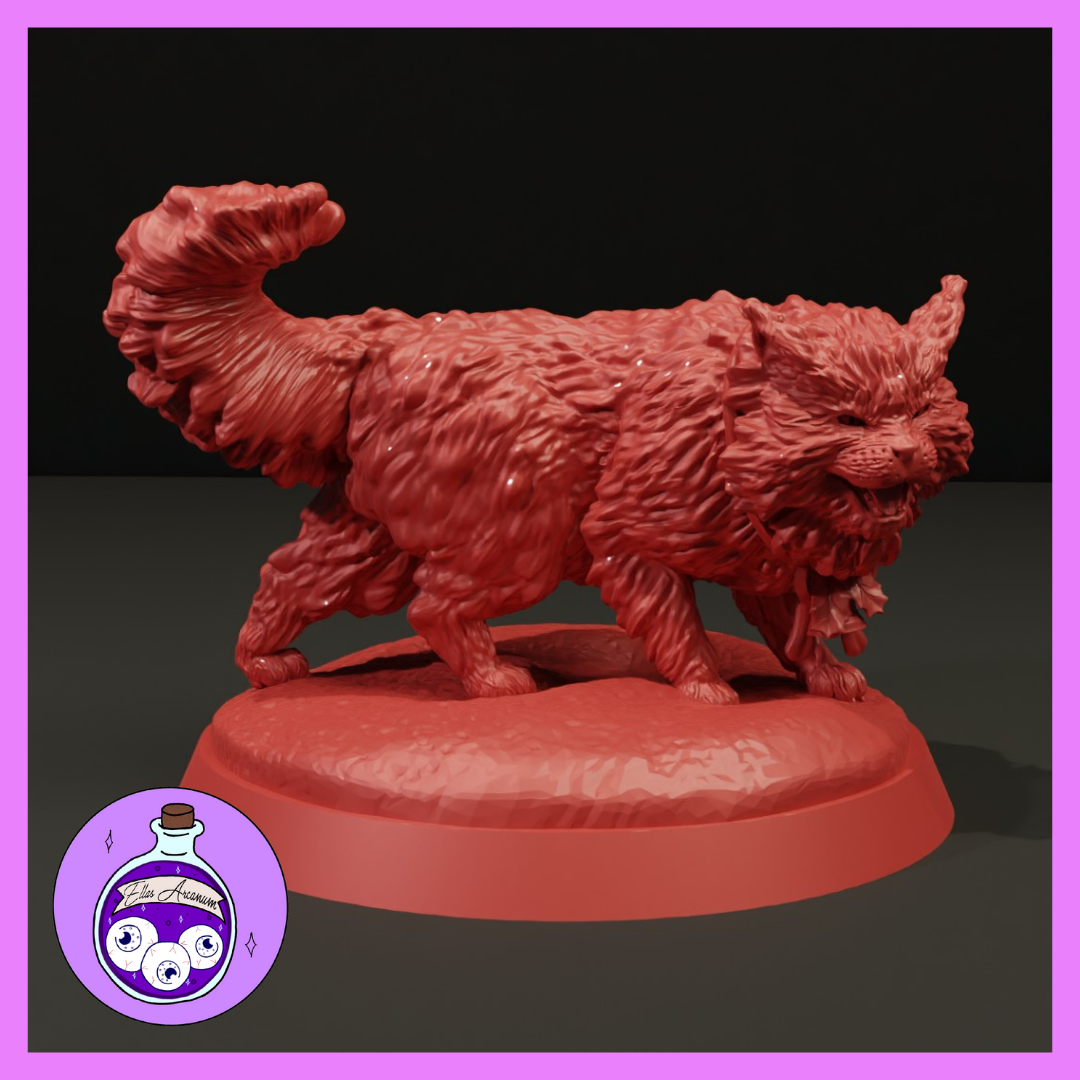 Unpainted red resin render of the Yule Cat miniature by Ella's Arcanum Minis — a large, shaggy feline beast with raised hackles, snarling expression, thick matted fur texture, and a raised curling tail, mounted on an oval textured base at 32mm scale
