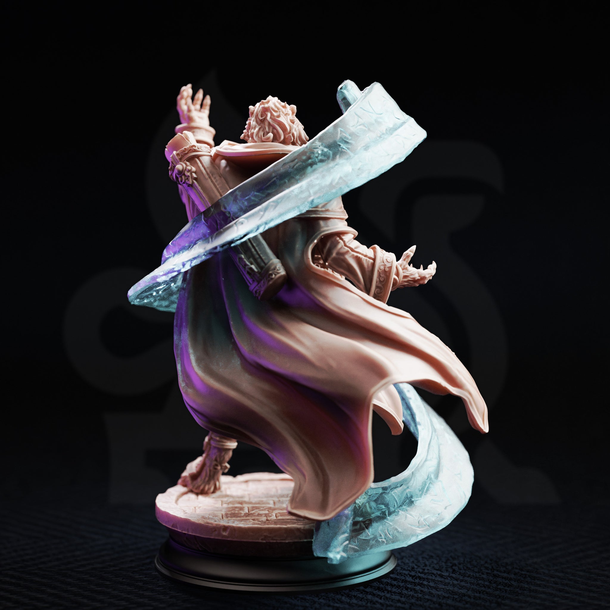 DM Stash Za'kar Student of the Scroll 32mm resin miniature — rear three-quarter view of unpainted grey resin showing the dramatic sweep of the flowing robes and cape, the full curve of the crystalline force blade from ground level to its jagged tip, and fine back detail of the leonin figure's academic attire