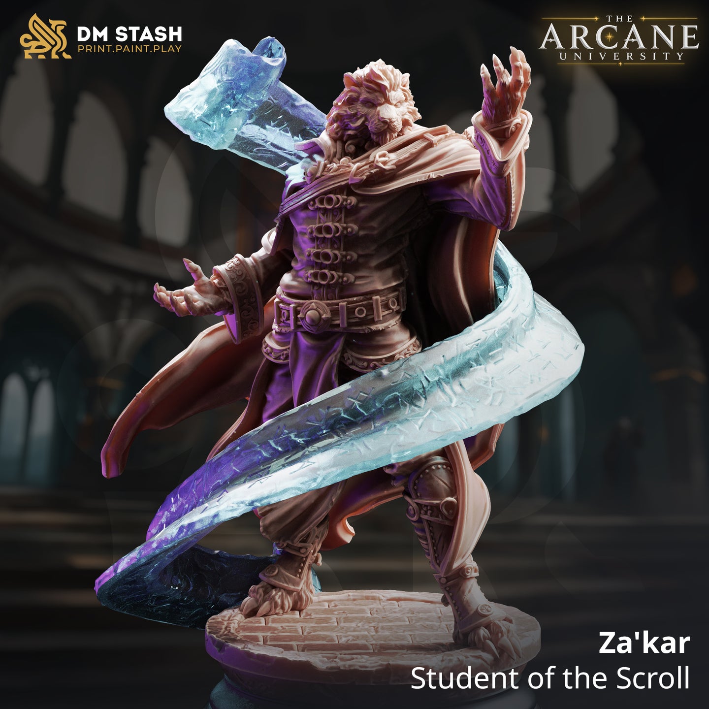DM Stash Za'kar Student of the Scroll 32mm resin miniature — rendered image showing a leonin arcane warrior in a dynamic casting pose, one clawed hand raised overhead and a large sweeping crystalline force blade curving across the cobblestone base, wearing layered robes with ornate clasps and a billowing cape, from The Arcane University collection