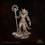 Zareth Runebinder by Great Grimoire — draconic horned figure with fanged open jaw, gripping a skull-topped spiked halo staff, wearing a tattered layered skirt with skull belt clasp, standing on a rocky scenic base.