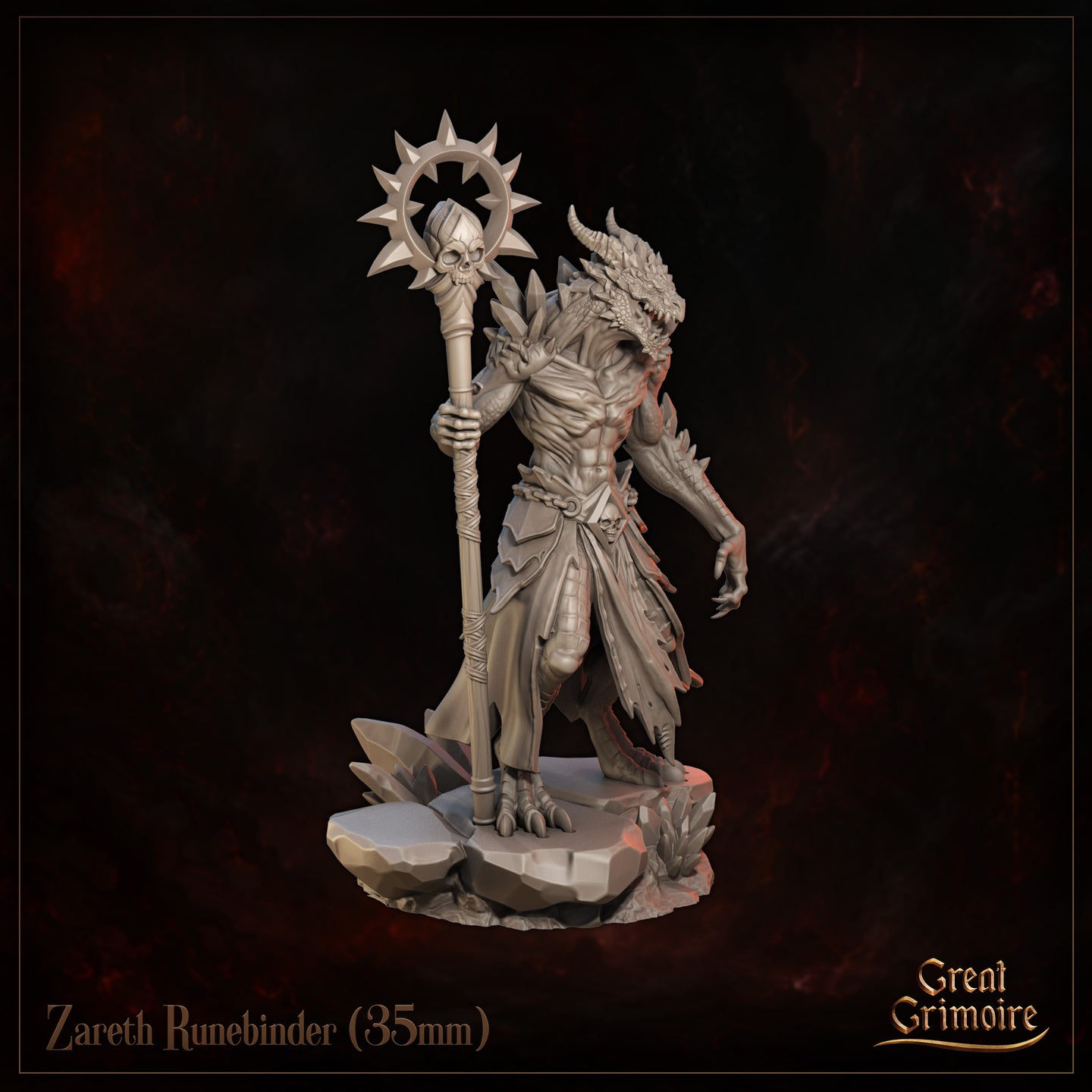 Zareth Runebinder by Great Grimoire — three-quarter side angle showing scaled muscular torso, raised clawed free hand, layered tattered fabric skirt, and the tall skull-crowned spiked staff held at the figure's left side.