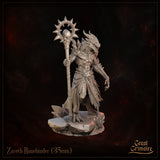 Zareth Runebinder by Great Grimoire — three-quarter side angle showing scaled muscular torso, raised clawed free hand, layered tattered fabric skirt, and the tall skull-crowned spiked staff held at the figure's left side.