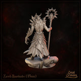 Zareth Runebinder by Great Grimoire — rear view revealing heavily scaled back, swept dorsal spines along the neck and shoulders, tattered skirt panels with pointed edges, and the spiked halo staff held to the right.