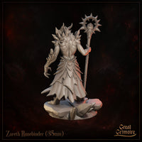 Zareth Runebinder by Great Grimoire — rear view revealing heavily scaled back, swept dorsal spines along the neck and shoulders, tattered skirt panels with pointed edges, and the spiked halo staff held to the right.
