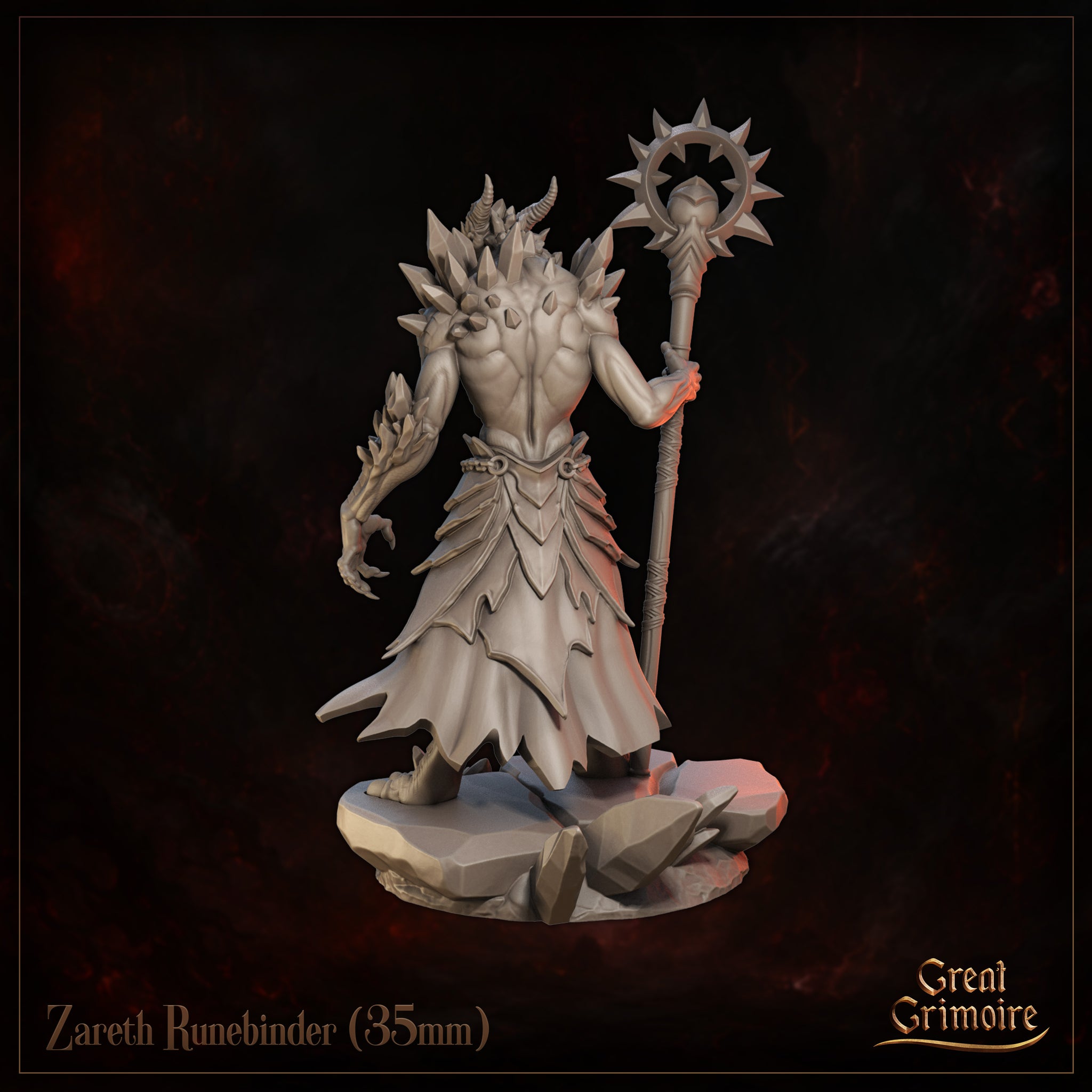 Zareth Runebinder by Great Grimoire — rear view revealing heavily scaled back, swept dorsal spines along the neck and shoulders, tattered skirt panels with pointed edges, and the spiked halo staff held to the right.