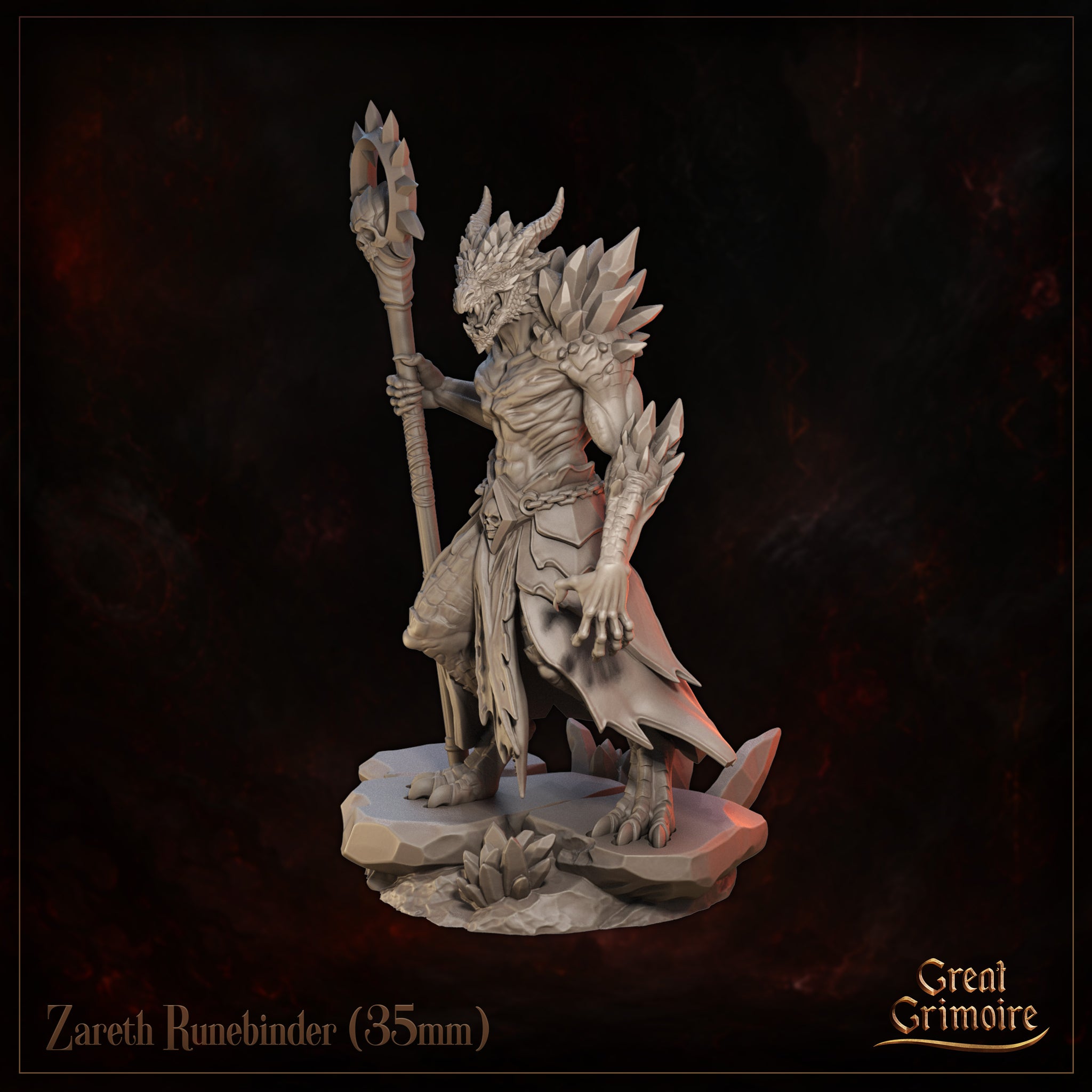 Zareth Runebinder by Great Grimoire — rear view revealing heavily scaled back, swept dorsal spines along the neck and shoulders, tattered skirt panels with pointed edges, and the spiked halo staff held to the right.