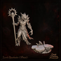 Zareth Runebinder by Great Grimoire — rear view revealing heavily scaled back, swept dorsal spines along the neck and shoulders, tattered skirt panels with pointed edges, and the spiked halo staff held to the right.