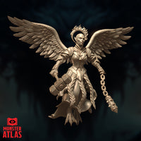 Winged female archdevil miniature hovering mid-air, wielding a studded war hammer in one hand and a spiked chain flail in the other. Shaved head crowned with a flame halo, feathered armour with scalelike lower body, large spread eagle wings. Sculpt by Monster Atlas.