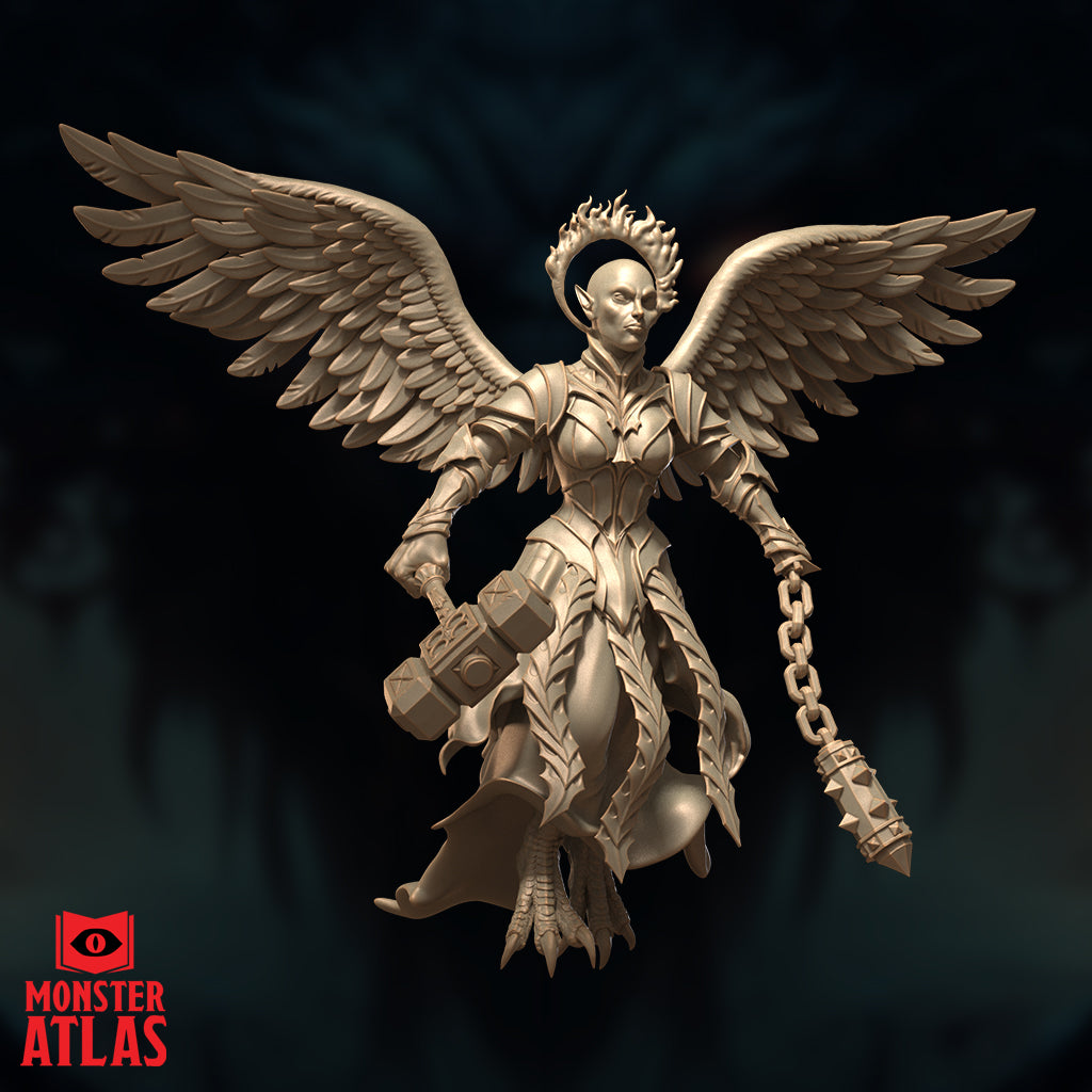 Winged female archdevil miniature hovering mid-air, wielding a studded war hammer in one hand and a spiked chain flail in the other. Shaved head crowned with a flame halo, feathered armour with scalelike lower body, large spread eagle wings. Sculpt by Monster Atlas.