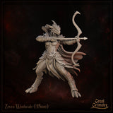 Dragonborn female archer in dragonscale armour, wide stance, longbow drawn at full extension with arrow aimed forward. Skull belt buckle, swept horns, flowing cape mid-motion. Sculpt by Great Grimoire.