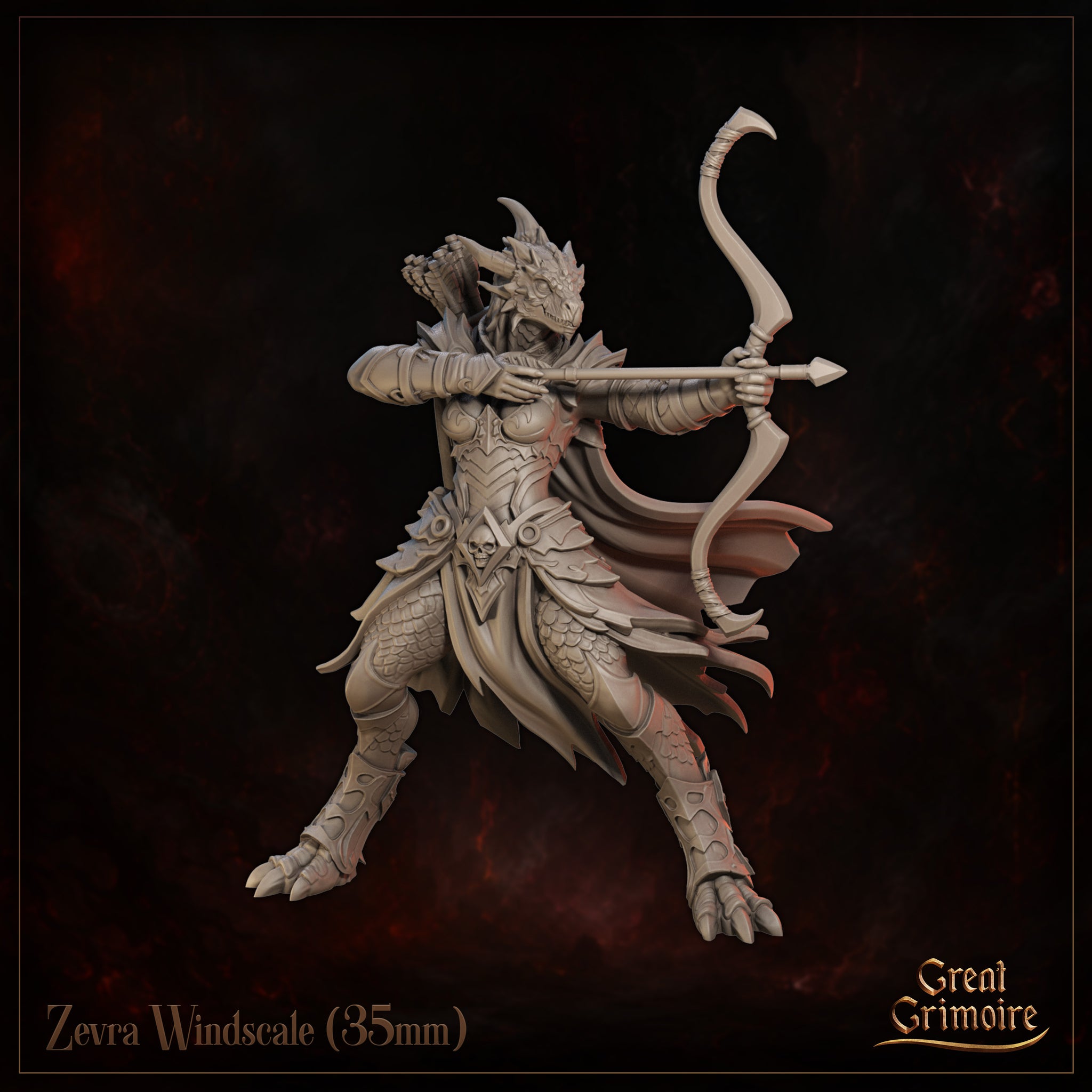 Dragonborn female archer in dragonscale armour, wide stance, longbow drawn at full extension with arrow aimed forward. Skull belt buckle, swept horns, flowing cape mid-motion. Sculpt by Great Grimoire.