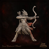 Dragonborn female archer facing forward, longbow fully drawn at shoulder height, quiver of arrows visible behind her shoulder. Layered scale-and-plate armour with chevron chest detailing. Sculpt by Great Grimoire.