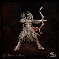 Dragonborn female archer facing forward, longbow fully drawn at shoulder height, quiver of arrows visible behind her shoulder. Layered scale-and-plate armour with chevron chest detailing. Sculpt by Great Grimoire.