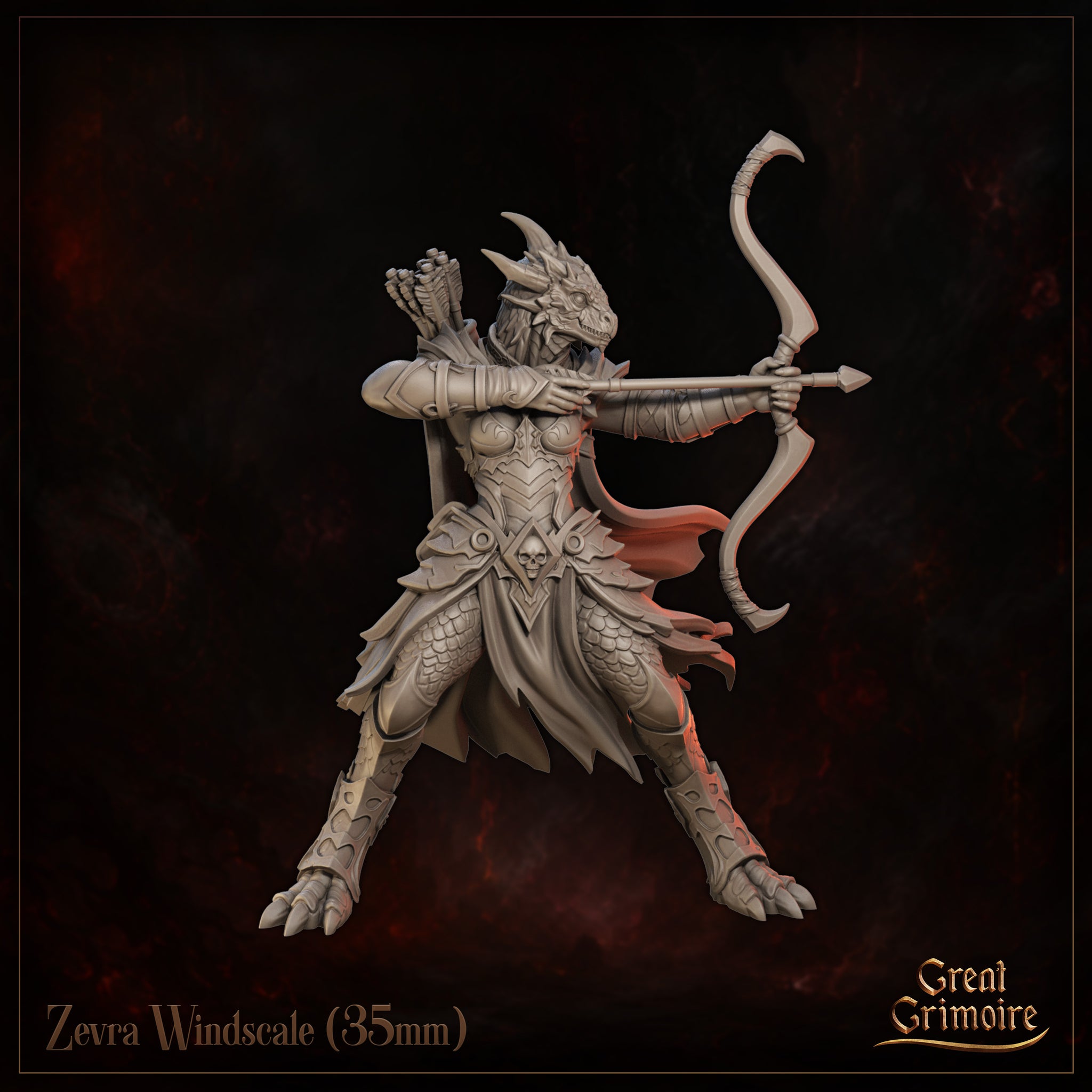 Dragonborn female archer facing forward, longbow fully drawn at shoulder height, quiver of arrows visible behind her shoulder. Layered scale-and-plate armour with chevron chest detailing. Sculpt by Great Grimoire.
