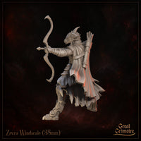 Dragonborn female archer miniature by Great Grimoire, 35mm scale, longbow drawn, dragonscale armour with skull motif buckle, horned draconic head, dynamic shooting stance.