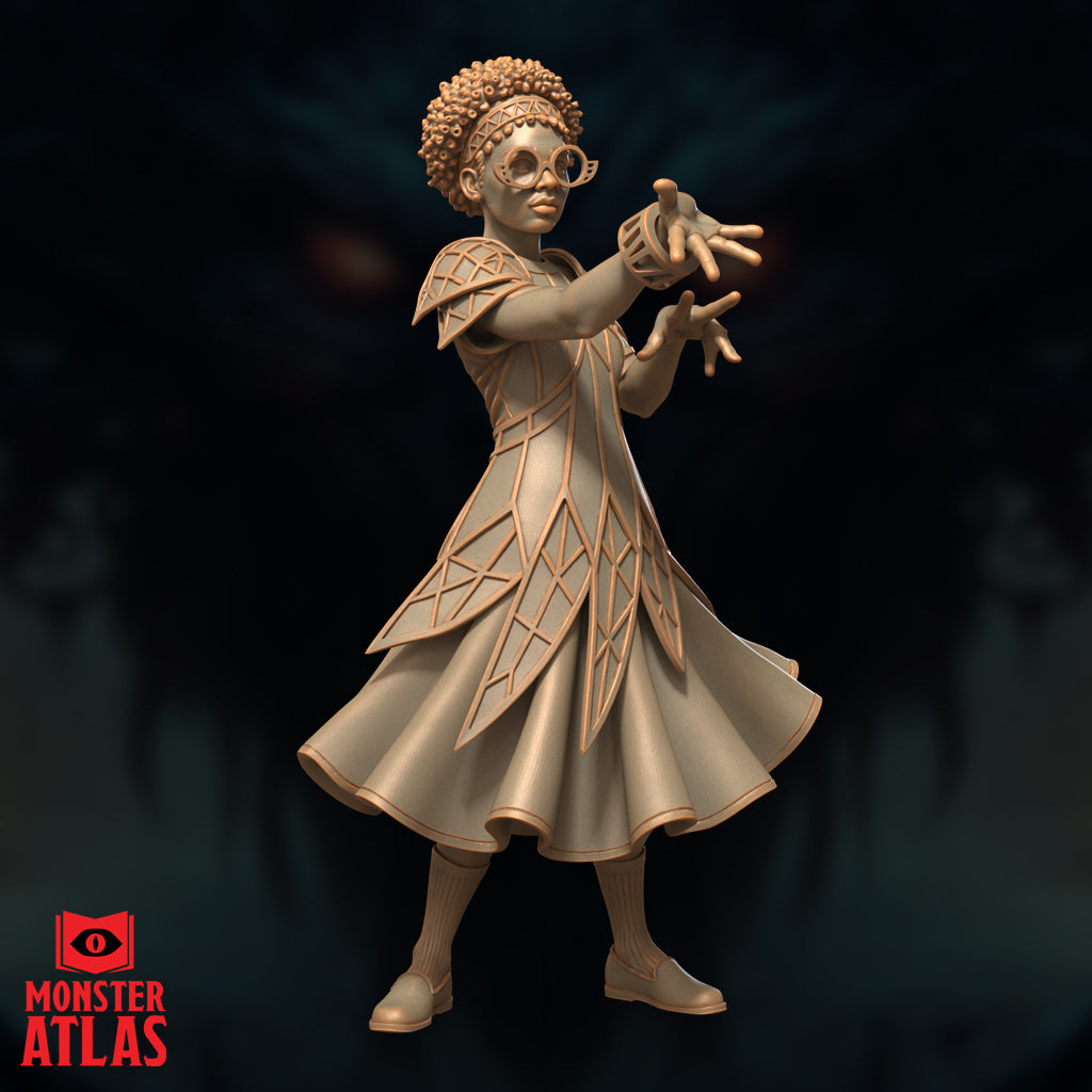 Young female mage with curly hair, round spectacles, and a beaded headband, extending both hands forward in a spellcasting pose. Geometric latticed robes with structured shoulder pauldrons. Sculpt by Monster Atlas.