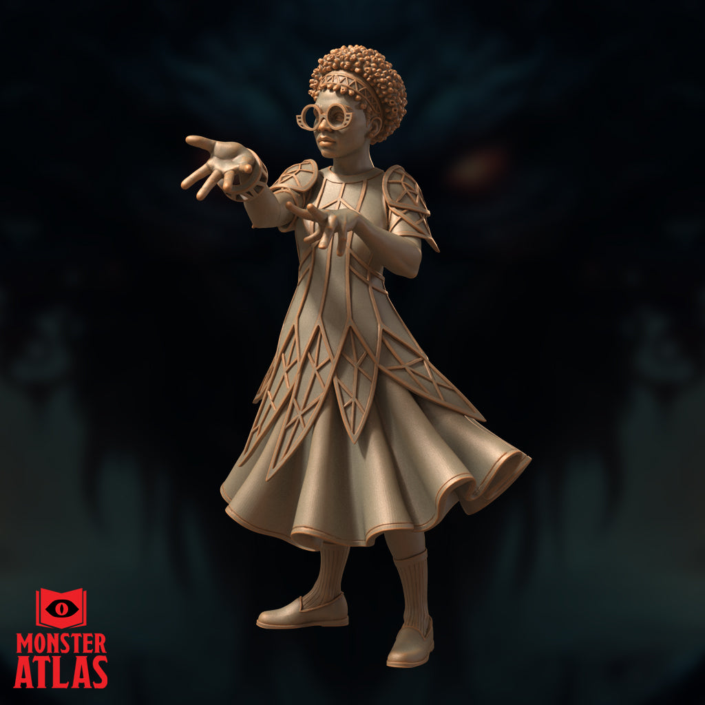 Female mage with natural curly hair and round glasses, both arms raised and fingers spread wide as though directing arcane energy. Layered diamond-patterned coat with flared skirt. Sculpt by Monster Atlas.