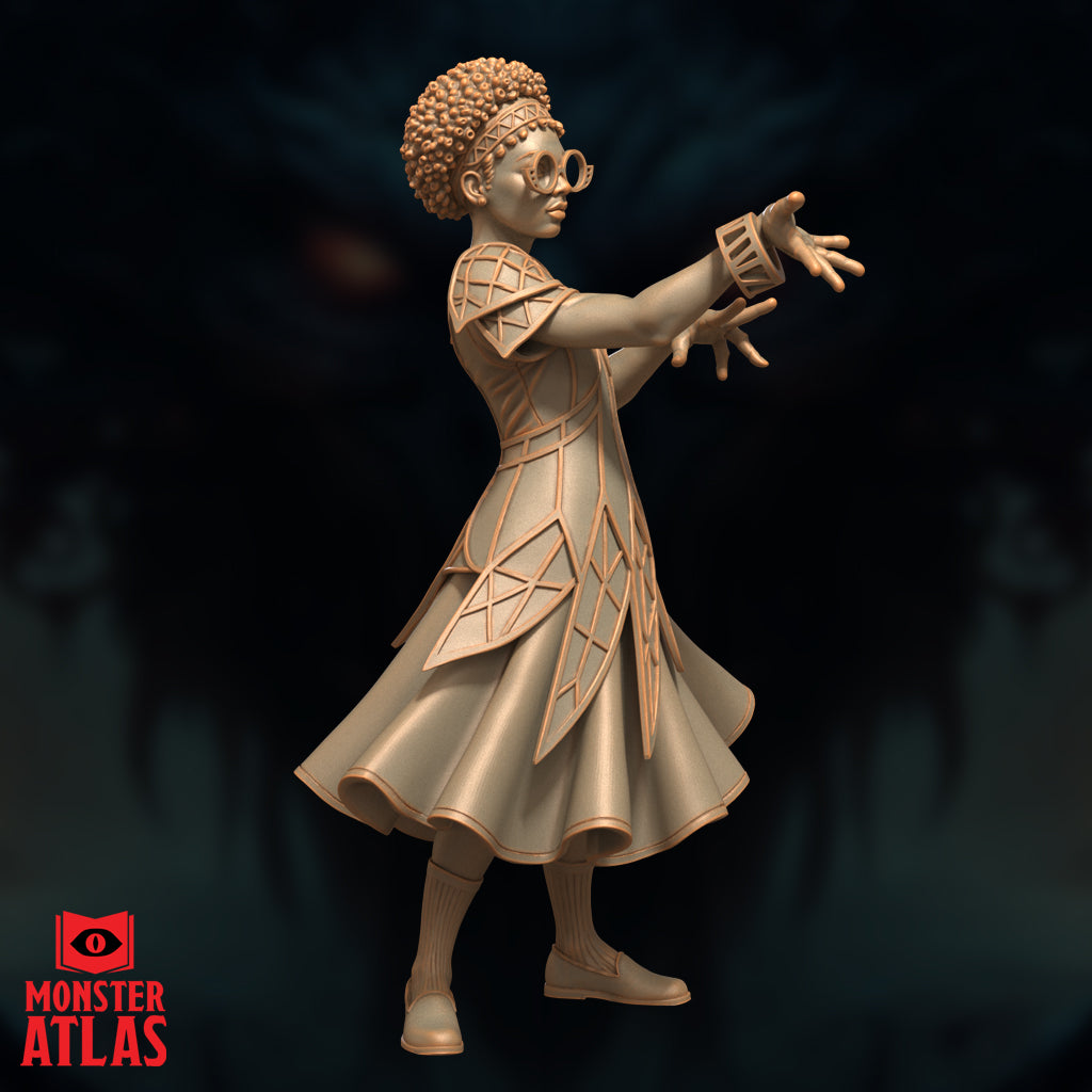 Side view of a young female mage in geometric latticed robes, one arm extended forward with fingers splayed and a cuff-like bracer visible on the wrist. Beaded headband and round spectacles. Sculpt by Monster Atlas.