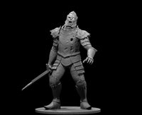 Undead fire giant standing upright, mouth open in a hollow roar, holding a broad sword at its side. Battered plate armour with open torso panel, wild tufted hair, and hollow glowing eyes. Sculpt by MZ4250.