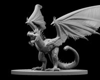 Zombie Wyvern miniature by MZ4250 — bipedal undead wyvern rearing upright, jaws wide open, broad wings fully spread, bloated and pockmarked torso with visible necrotic pustules, barbed tail curling behind, clawed feet braced on a plain oval base.