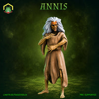 Gaunt, long-limbed hag miniature striding forward with wild white hair, gnarled hands held to her torso, and a contemptuous snarl. Sculpt by The Toadstool Weaver.