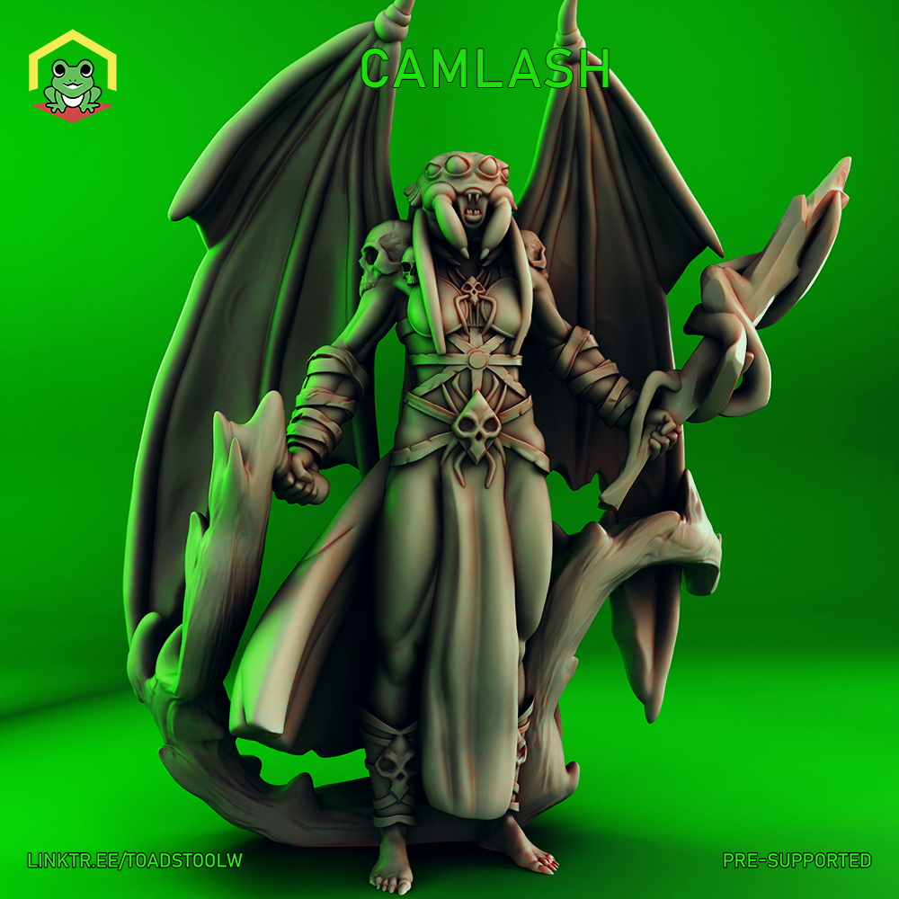 Digital render of Camlash, a winged demonic female miniature by The Toadstool Weaver, shown in grey resin. She wears flowing skull-adorned robes with a dark cross motif, has large bat wings spread wide behind her, compound eyes and fangs, and holds a humanoid skull in her left hand while raising her right. Serpentine forms coil at her feet. 32mm scale tabletop miniature.
