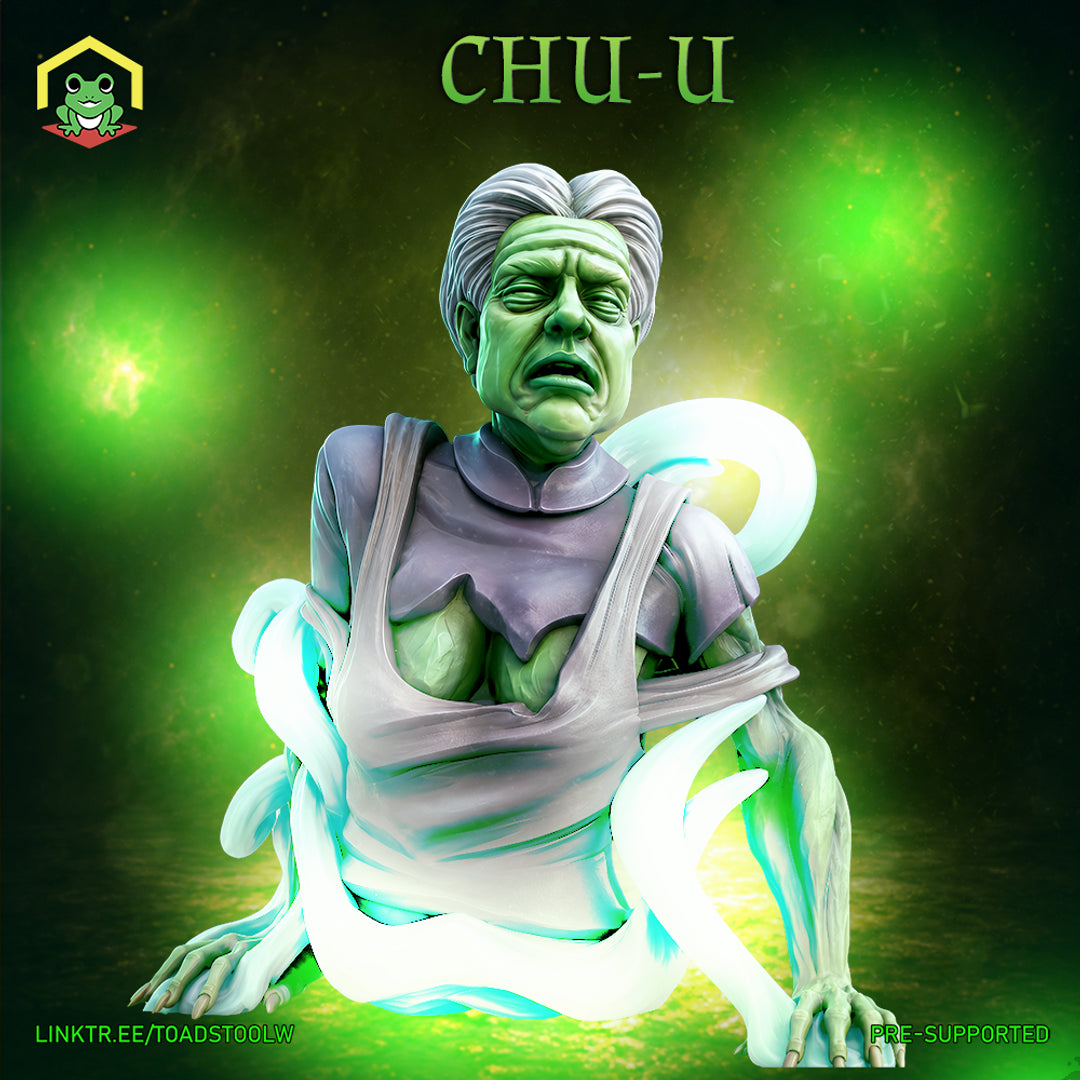 Green-skinned humanoid figure crouching low, face deeply lined and scowling, with glowing spectral tendrils coiling around torso and arms. Sculpt by The Toadstool Weaver.