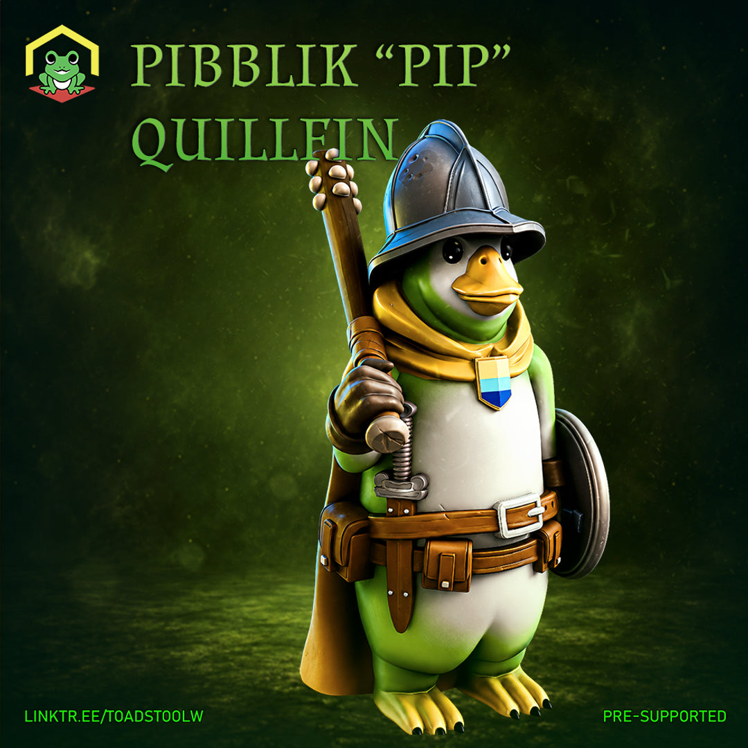 Stocky, round-bodied Dohwar figure wearing a cabasset helmet and yellow scarf, raising a wooden club in one hand with a small shield at his side, leather belt buckled across his belly, guild badge at his chest. Sculpt by The Toadstool Weaver.
