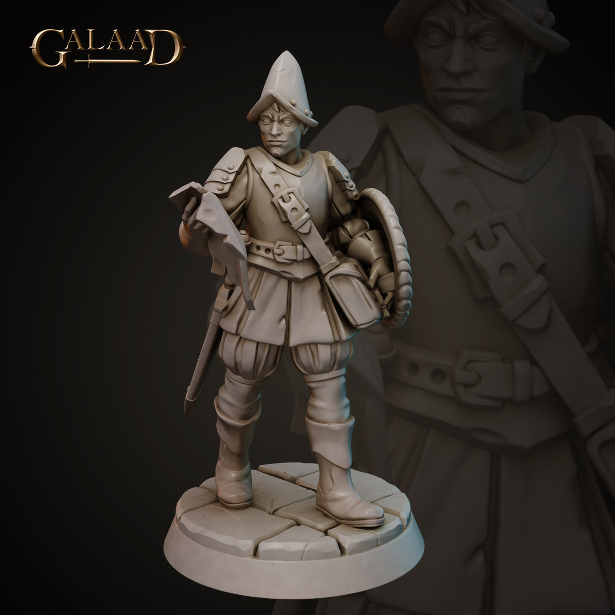 Front view of an unpainted grey resin Conquistador miniature at 32mm scale by Galaad Miniatures, showing a male soldier in layered padded and plate armour with a conical morion helm, holding an open field tome in one hand, a broad round shield slung on his back, a short sword at his hip, multiple satchels on his belt, standing on a cobblestone base
