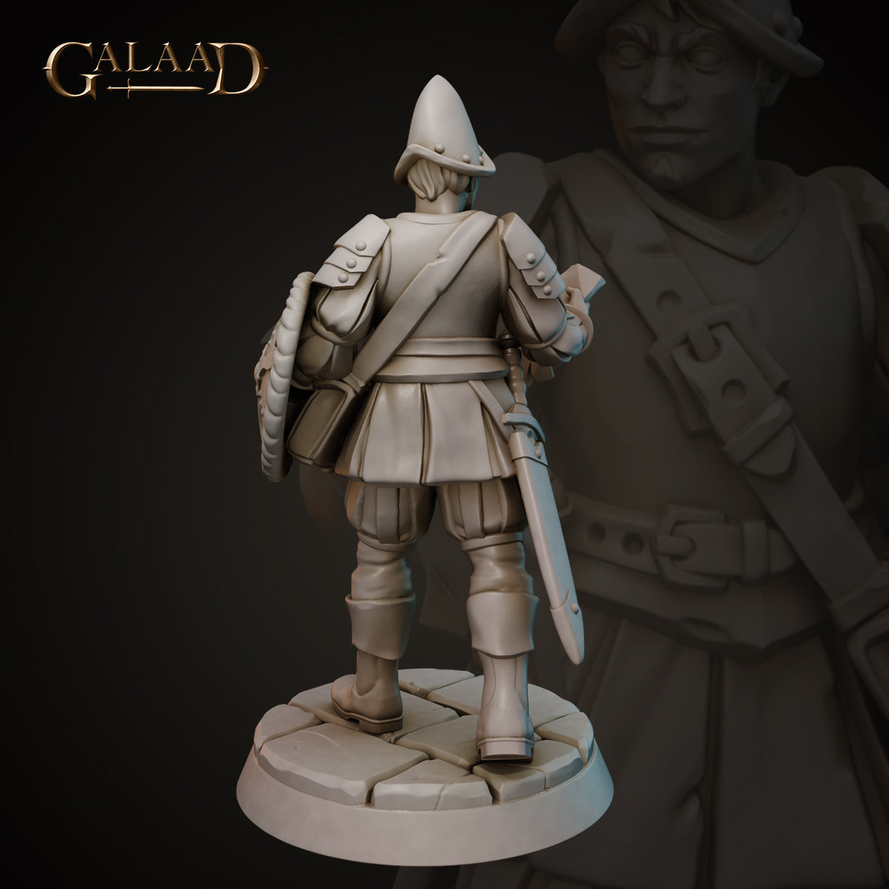 Rear view of the same unpainted grey resin Conquistador 03 miniature by Galaad Miniatures, clearly showing the broad shield strapped across his back, shoulder armour plating, crossbody strap, short sword hanging at the hip, and the detailed cobblestone base