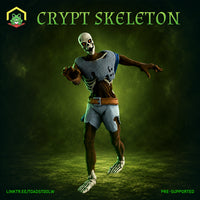 Crypt Skeleton 6 by The Toadstool Weaver — a bare-boned humanoid skeleton mid-lurch, one arm reaching forward, jaw open wide. Fragments of chainmail cling to the chest, tattered cloth hangs from a leather belt, and dried sinew wraps the arms and legs. Glowing amber eye sockets are the focal point of the sculpt.