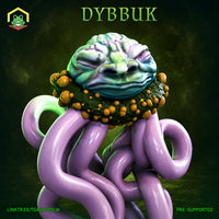Dybbuk miniature by The Toadstool Weaver: a bulbous brain-like head with a flat grimacing face, mounted atop a tangle of thick coiling purple tentacles, ringed with amber nodules.