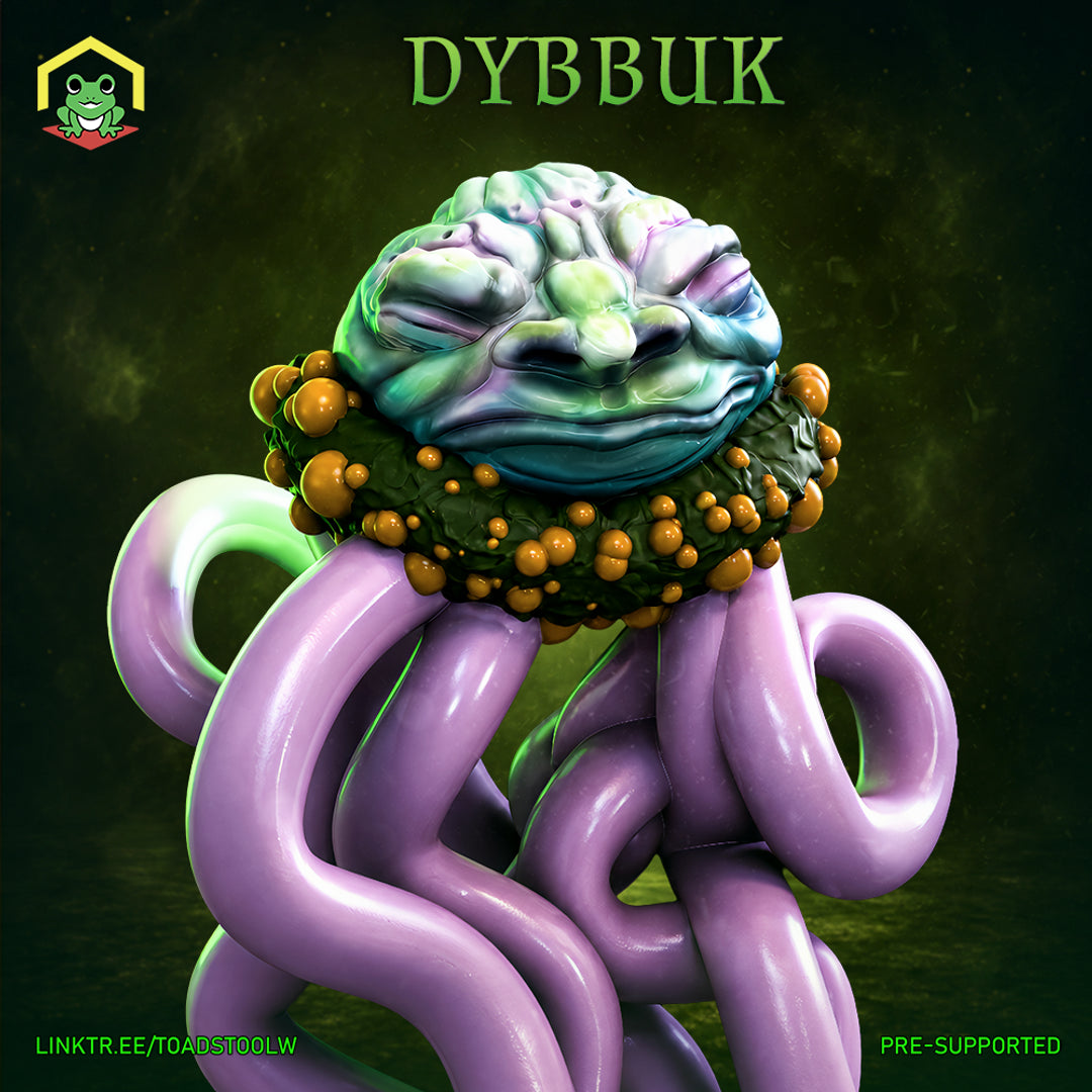 Dybbuk miniature by The Toadstool Weaver: a bulbous brain-like head with a flat grimacing face, mounted atop a tangle of thick coiling purple tentacles, ringed with amber nodules.