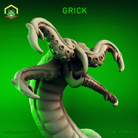 Digital render of the Grick miniature by The Toadstool Weaver — a pale, worm-bodied creature rearing upward with four sucker-lined tentacles splayed wide and a hooked beak open at the centre, shown against a vivid green background
