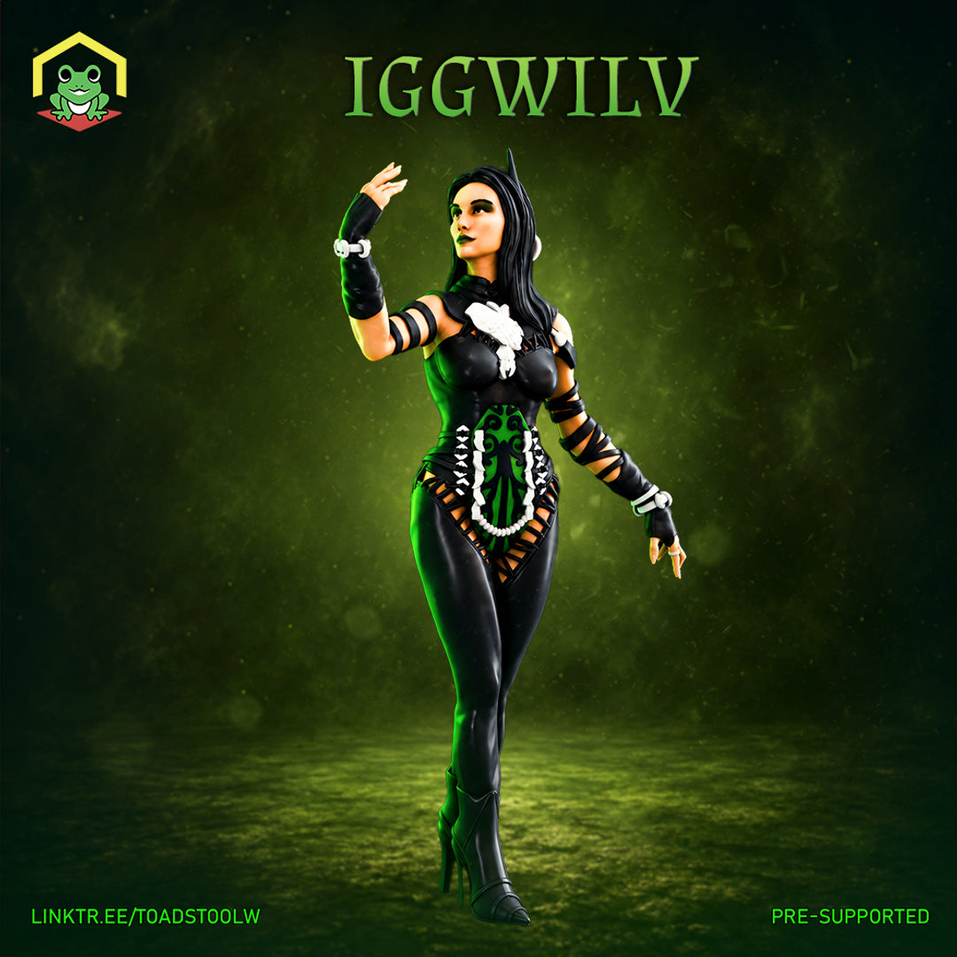 Dark-haired female figure in a fitted black and green corset outfit, one hand raised palm-out, the other extended low. Ornate scroll-work panel at the waist. Sculpt by The Toadstool Weaver.