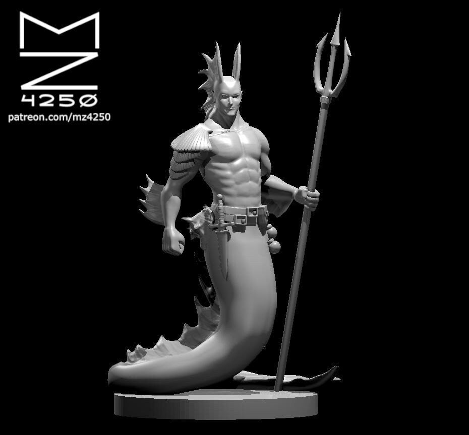 Digital render of an unpainted grey merfolk male miniature at 32mm scale, posed upright with a long trident in his right hand, a shell pauldron on his left shoulder, a spined tail coiled beneath him, and a spiked dorsal crest on his head — sculpted by MZ4250