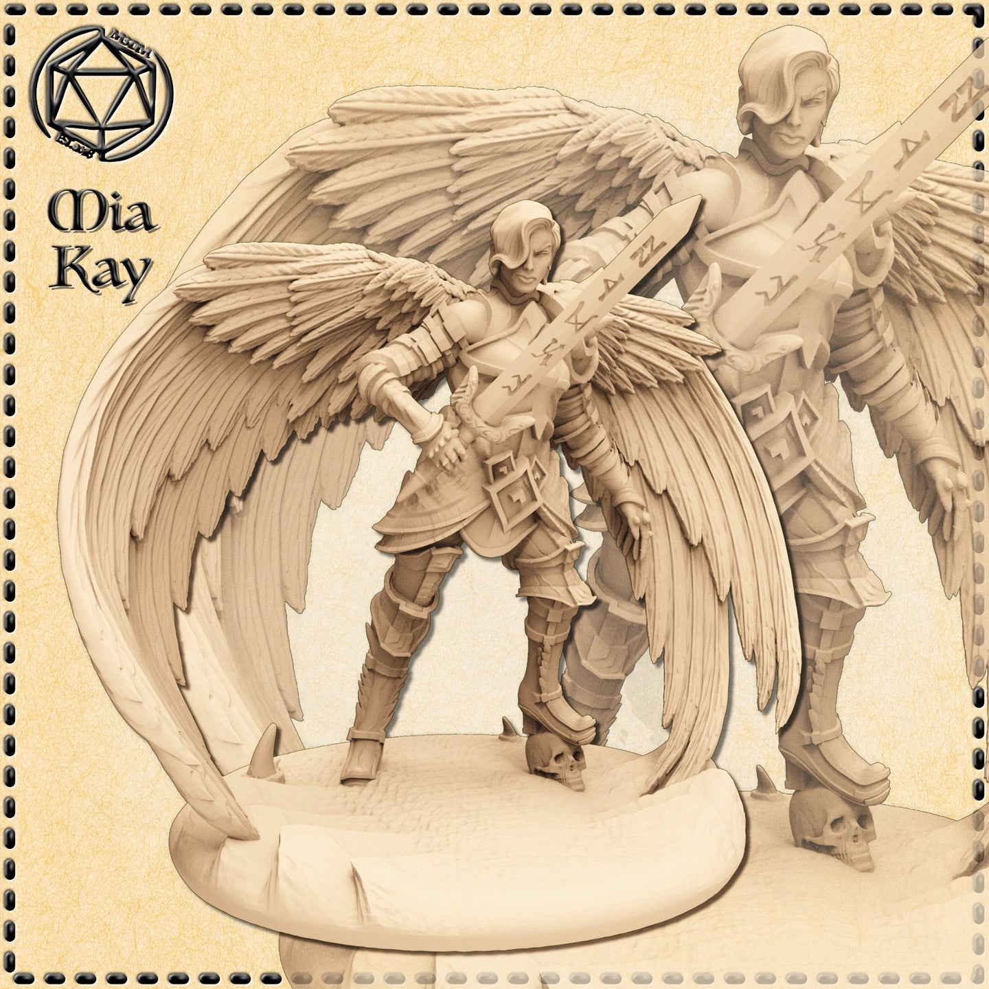 Digital render of the Cursed Angel Paladin miniature by Mia Kay M3DM — an armoured female winged warrior gripping a large runic greatsword in a low guard stance, with broad feathered wings spread behind her, layered plate armour, and a skull-scattered base. Two angles shown: front-facing and a larger background view from a three-quarter perspective. Unpainted grey resin render at 32mm scale.