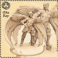 Digital render of the Cursed Angel Paladin miniature by Mia Kay M3DM — an armoured female winged warrior gripping a large runic greatsword in a low guard stance, with broad feathered wings spread behind her, layered plate armour, and a skull-scattered base. Two angles shown: front-facing and a larger background view from a three-quarter perspective. Unpainted grey resin render at 32mm scale.