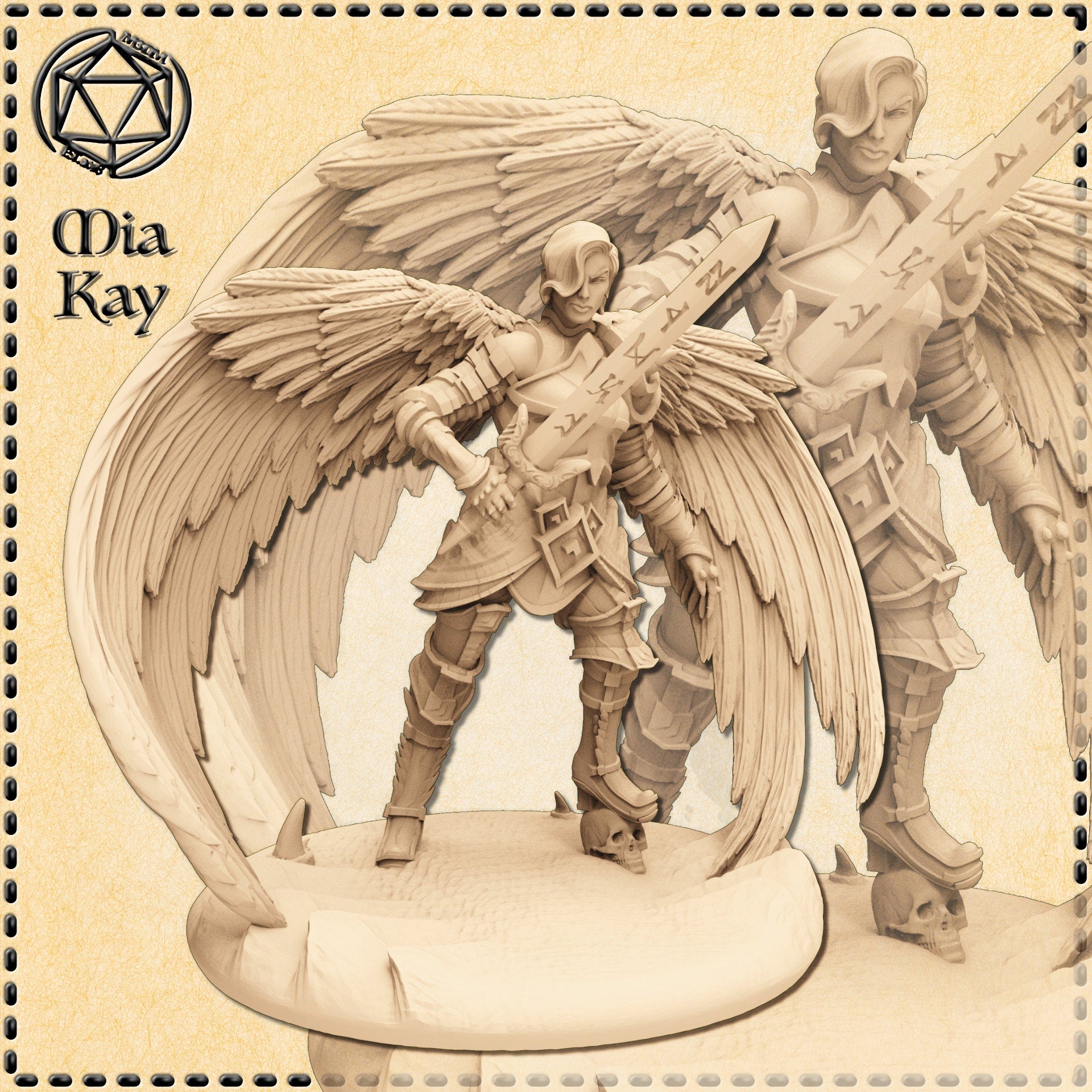 Digital render of the Cursed Angel Paladin miniature by Mia Kay M3DM — an armoured female winged warrior gripping a large runic greatsword in a low guard stance, with broad feathered wings spread behind her, layered plate armour, and a skull-scattered base. Two angles shown: front-facing and a larger background view from a three-quarter perspective. Unpainted grey resin render at 32mm scale.