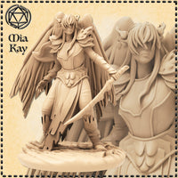 Unpainted resin render of the Fallen Angel miniature by Mia Kay M3DM — a female winged warrior in feathered armour holding a sword low at her side, with large wings spread behind her, long flowing hair, and a brooding downward expression, shown on a sculpted rocky base at 32mm scale