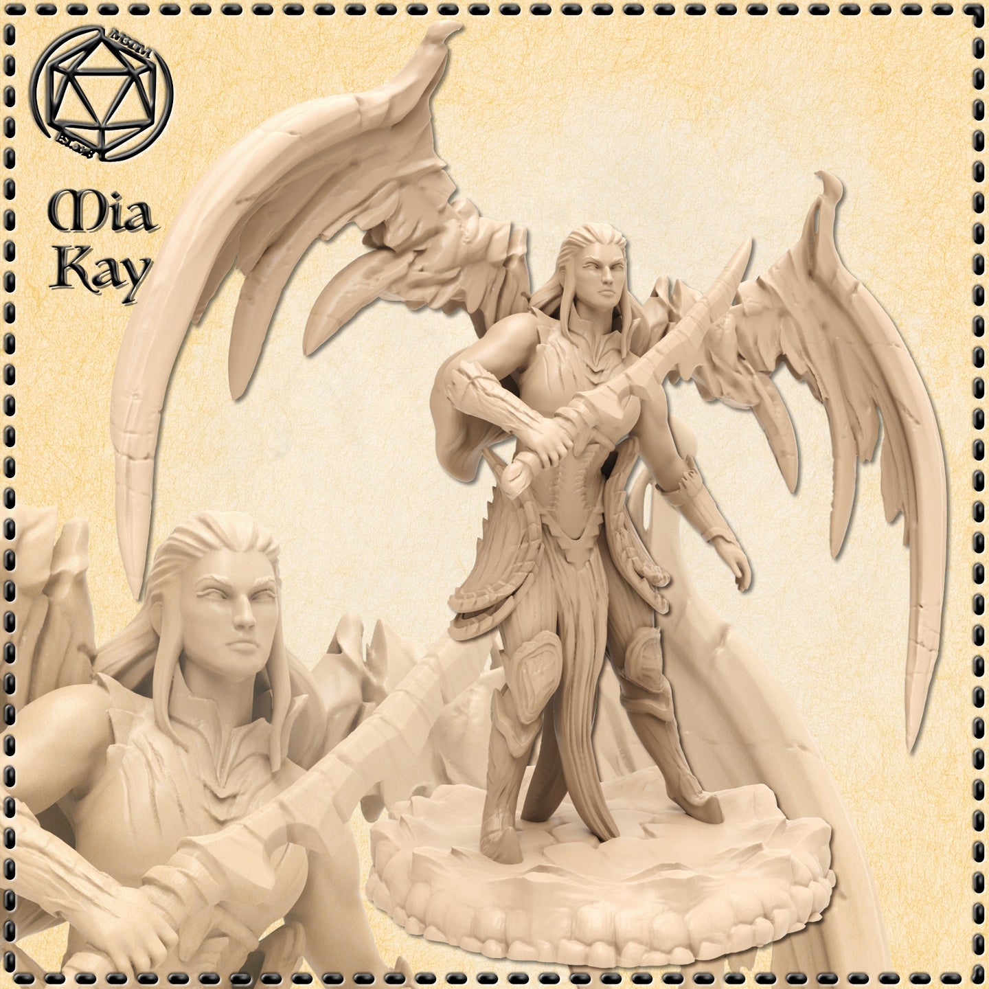 Unpainted cream resin miniature of a fallen angel paladin — a female figure with large feathered wings spread wide, wearing layered organic armour, holding a great scythe across her body, standing on a rocky base. Two views shown: full figure and a close-up of the face. Sculpted by Mia Kay M3DM at 32mm scale.