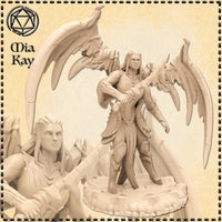 Unpainted cream resin miniature of a fallen angel paladin — a female figure with large feathered wings spread wide, wearing layered organic armour, holding a great scythe across her body, standing on a rocky base. Two views shown: full figure and a close-up of the face. Sculpted by Mia Kay M3DM at 32mm scale.