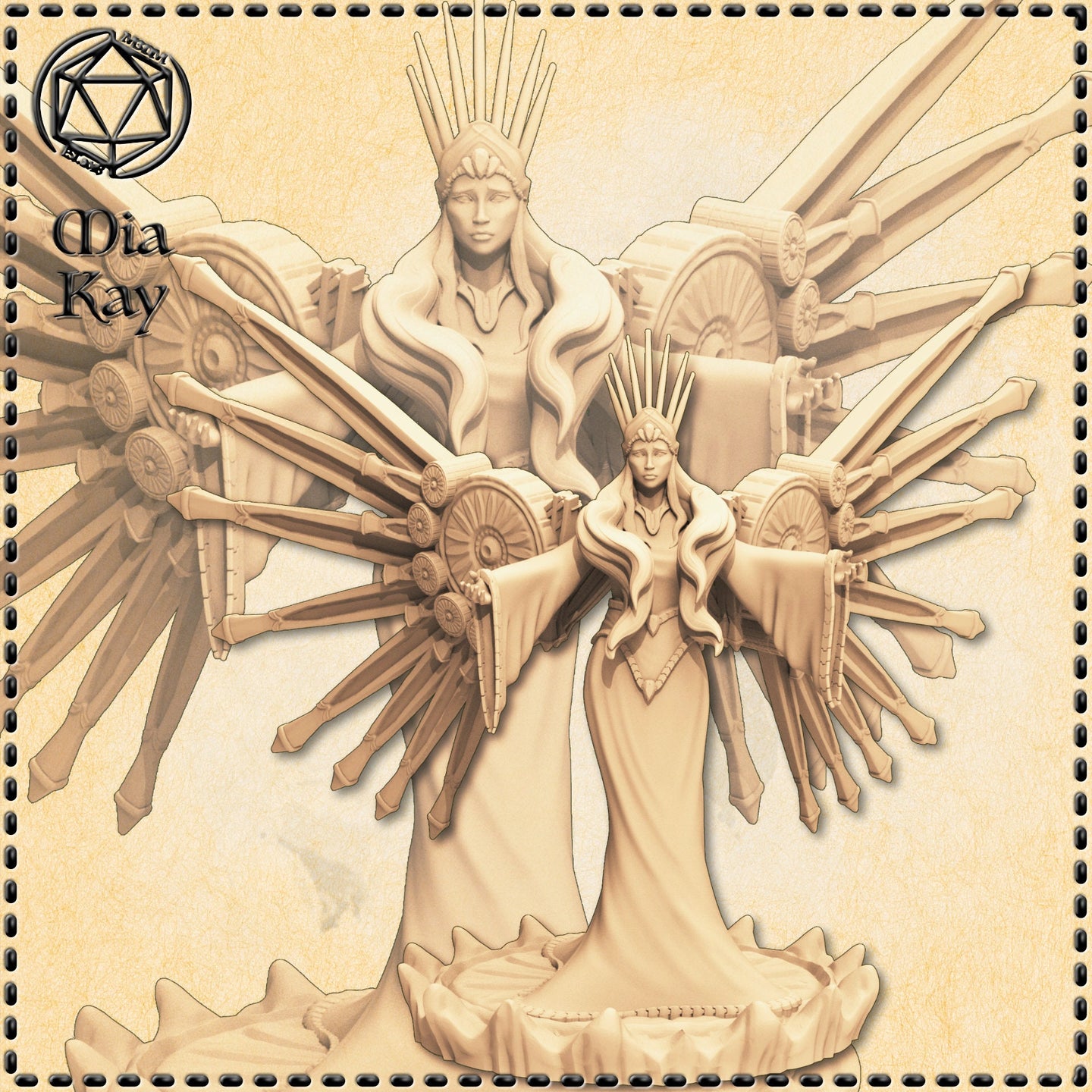 Digital render of the Stained Glass Angel miniature by Mia Kay M3DM — an unpainted resin figure of a robed female celestial wearing a spiked golden crown, with enormous mechanical wings composed of spokes, wheels, and ribbed frames extending from her shoulders, standing on a circular serrated base, shown at 32mm scale
