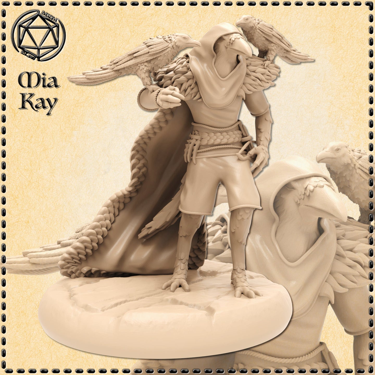 Digital render of an unpainted birdfolk ranger miniature at 32mm scale, showing a hooded avian figure with two large ravens perched on outstretched arms, a long scaled tail sweeping behind, taloned feet on a sculpted terrain base, wearing layered cloth wrappings, rope belt, and forearm bracers — sculpted by Mia Kay M3DM