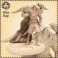 Digital render of an unpainted birdfolk ranger miniature at 32mm scale, showing a hooded avian figure with two large ravens perched on outstretched arms, a long scaled tail sweeping behind, taloned feet on a sculpted terrain base, wearing layered cloth wrappings, rope belt, and forearm bracers — sculpted by Mia Kay M3DM
